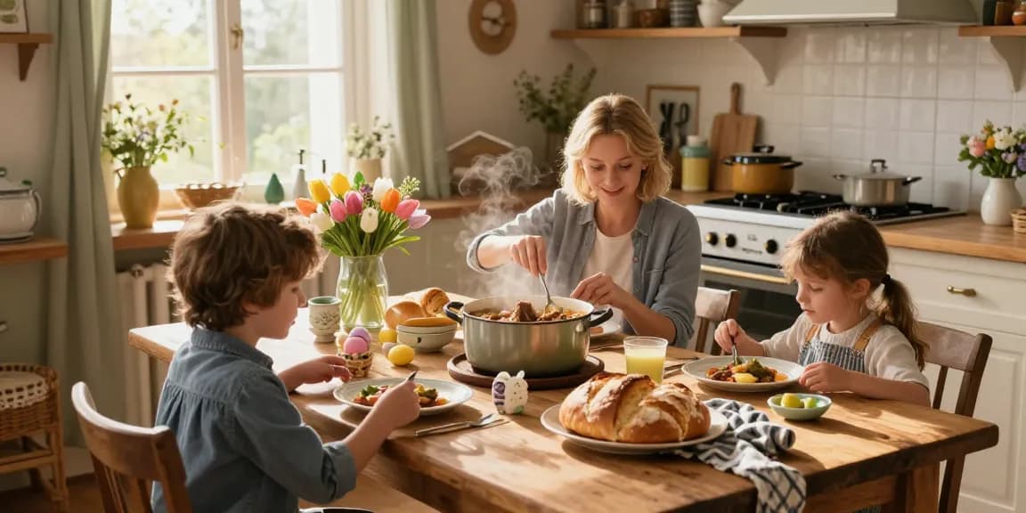 Påskmiddag förberedelser med familj i köket, traditionella svenska rätter i fokus.