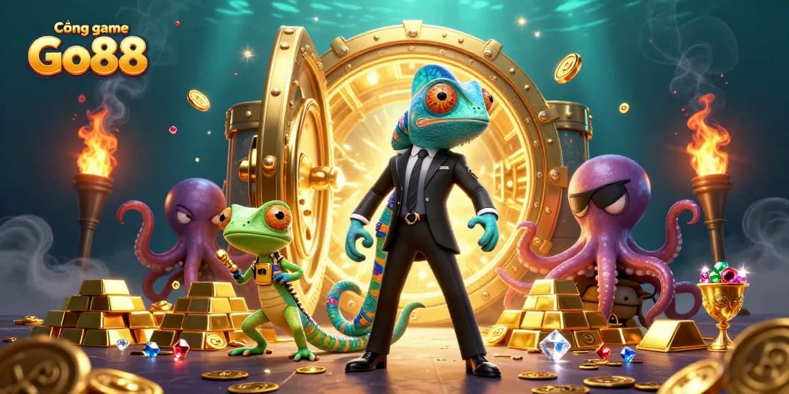 Cổng game Go88 offers thrilling dynamics with colorful characters and sparkling treasures in this casino illustration.