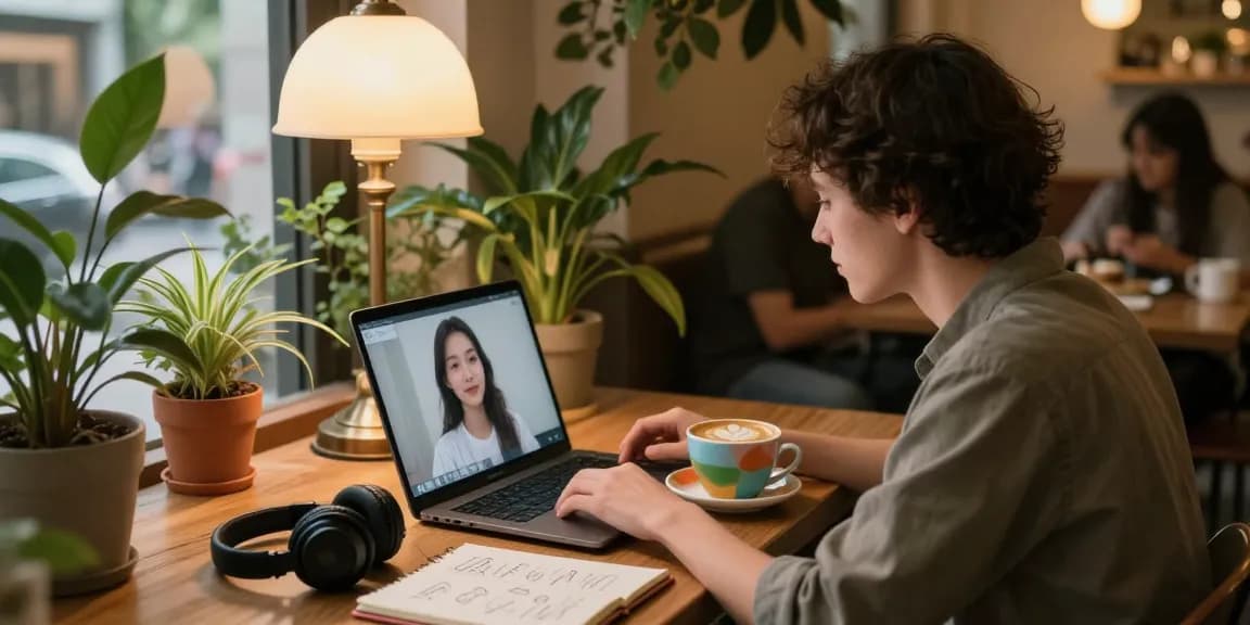 A person engaging with their girlfriend AI during a cozy cafe visit, highlighting interactive technology and lifestyle.