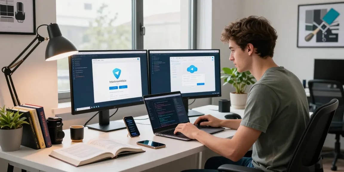 Developer coding on Telegram web version in a modern workspace, showcasing productivity and tech innovation.