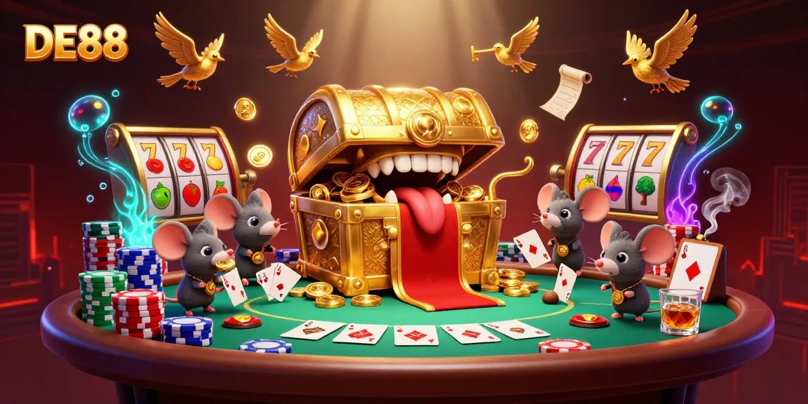 Witness the DE88 treasure chest lure adventurer mice with riches and gaming excitement in this vibrant casino illustration.