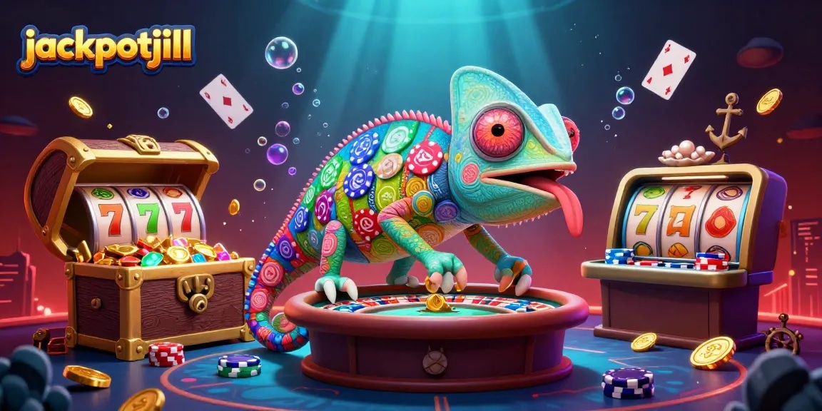 Engage with jackpotjill's vibrant casino world, featuring colorful slot reels and a lively chameleon owner.