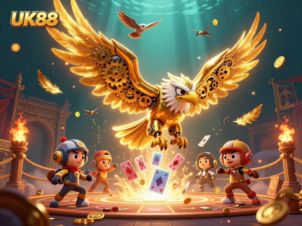 Experience thrilling gaming adventures at UK88 with majestic eagle diving through holographic cards.