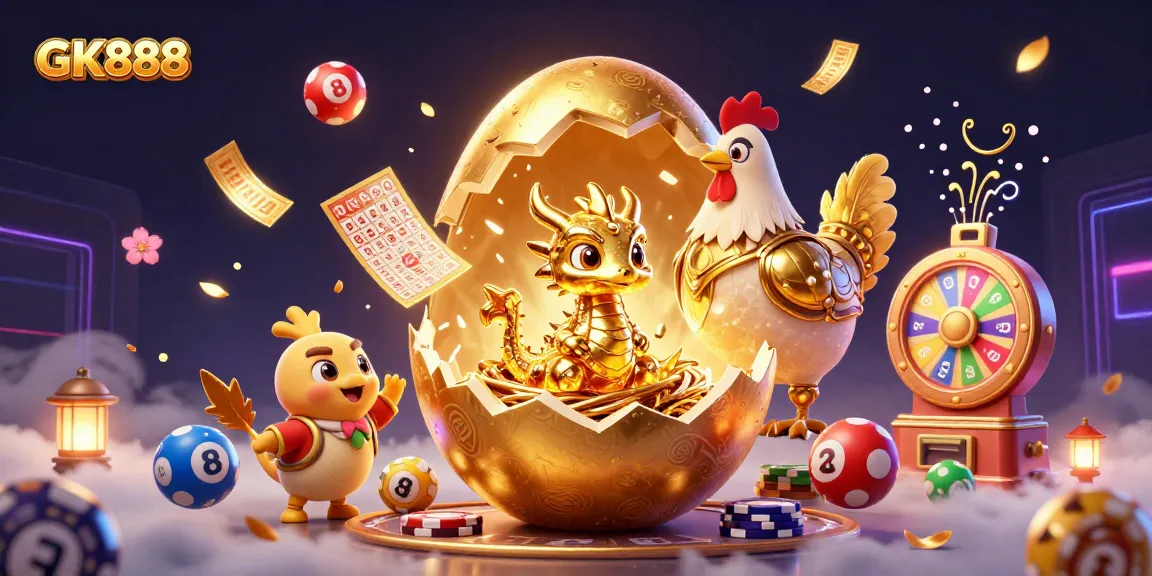 Experience thrilling gambling action with GK888's golden dragon, poker chips, and vibrant lottery elements.