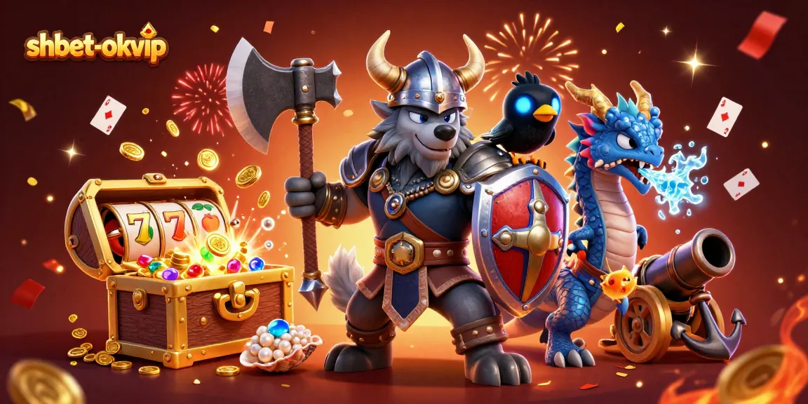 Engage in fun gambling activities with shbet-okvip featuring a Viking character, dragon, and treasure elements.