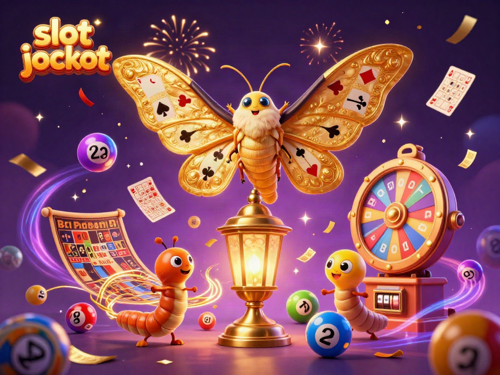 Spin the slot jackpot as the golden moth leads a dynamic casino scene with lottery balls and confetti.