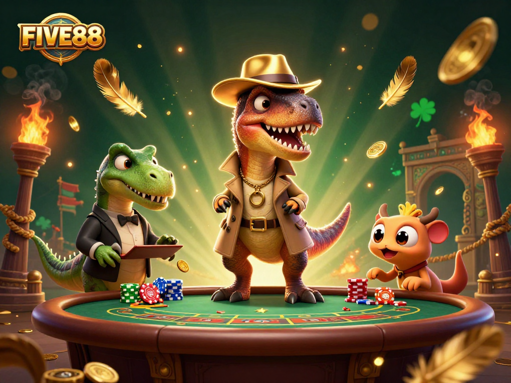 Experience high-stakes fun at FIVE88 with a clever velociraptor and casino action.