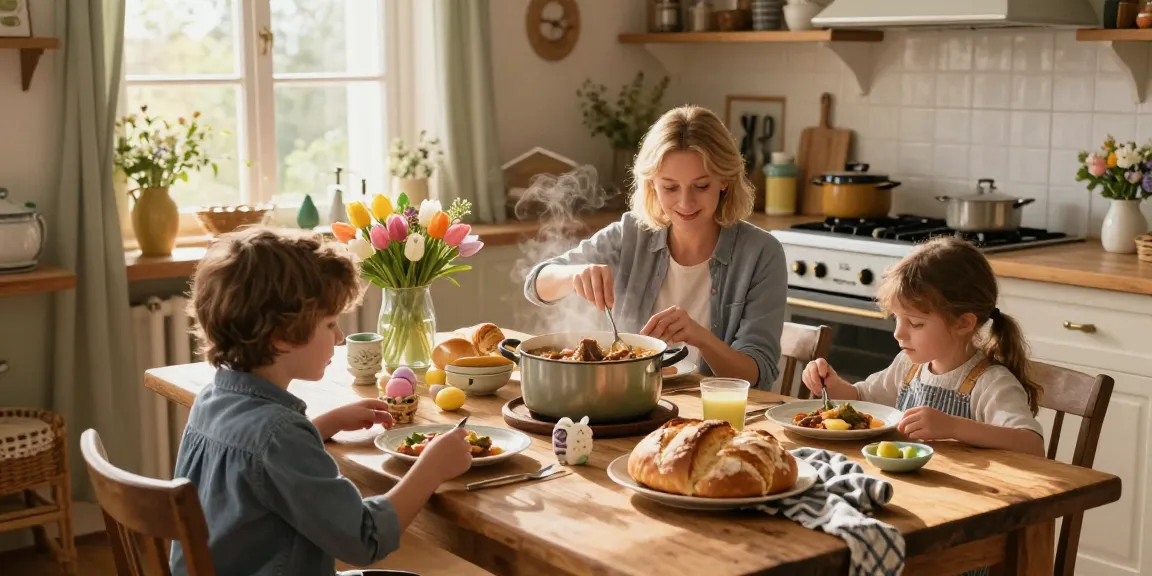 Påskmiddag förberedelser med familj i köket, traditionella svenska rätter i fokus.