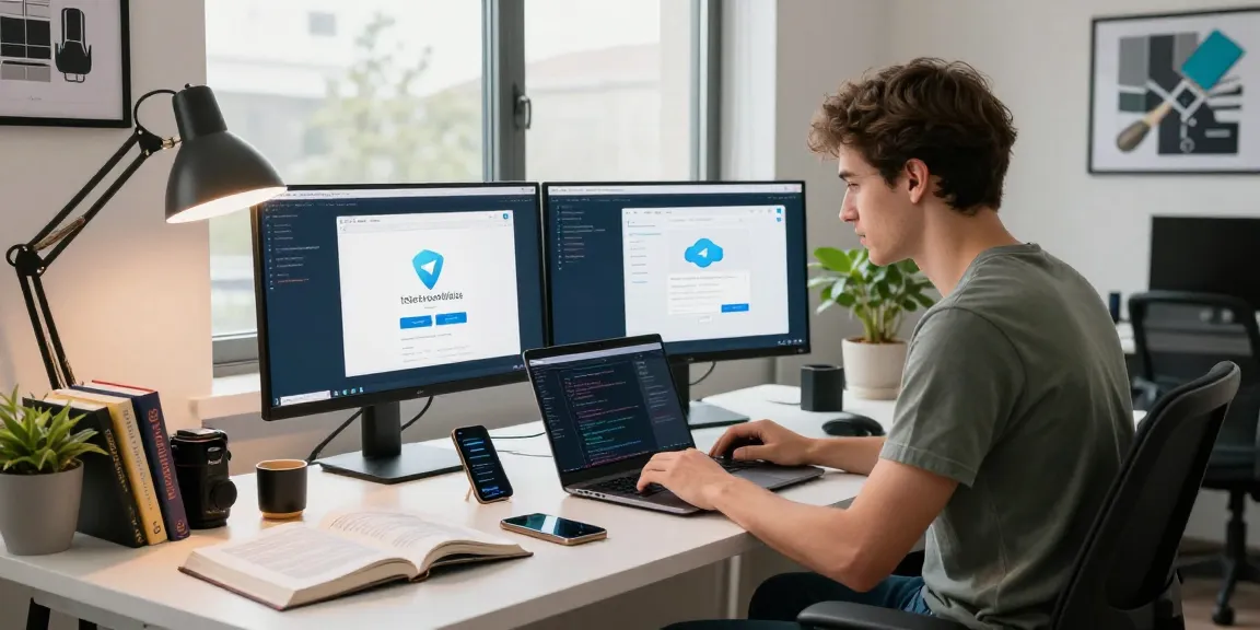 Developer coding on Telegram web version in a modern workspace, showcasing productivity and tech innovation.