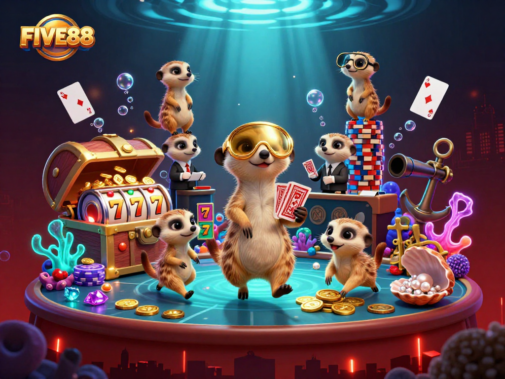 Experience the excitement of FIVE88 as meerkats engage in a dynamic casino operation with vibrant, rich visuals!