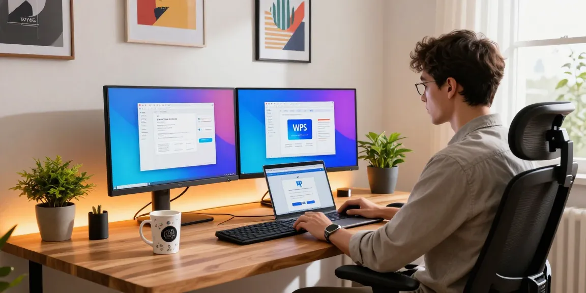 WPS Download software interface displayed on dual monitors in a modern home office scene
