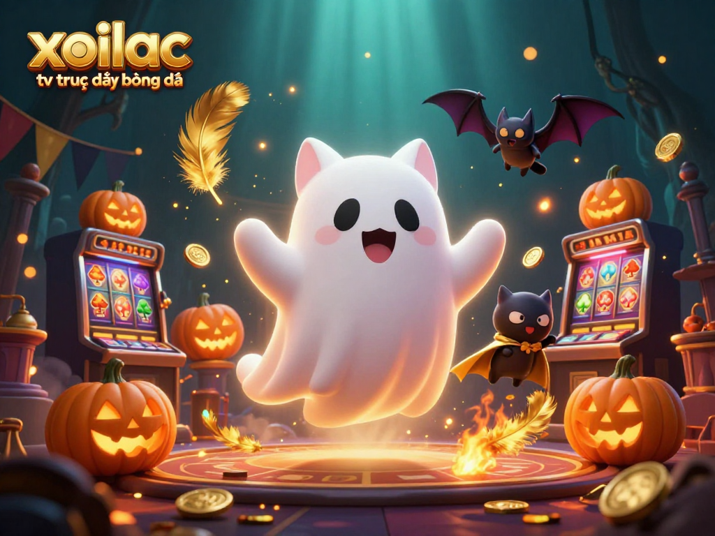 Experience xoilac tv trực tiếp bóng đá with friendly ghost cat and vampire bat in a haunted casino atmosphere.