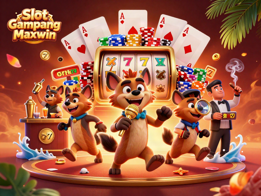 Engage with Slot Gampang Maxwin through lively hyena characters in a vibrant casino setting, celebrating jackpots and fun.