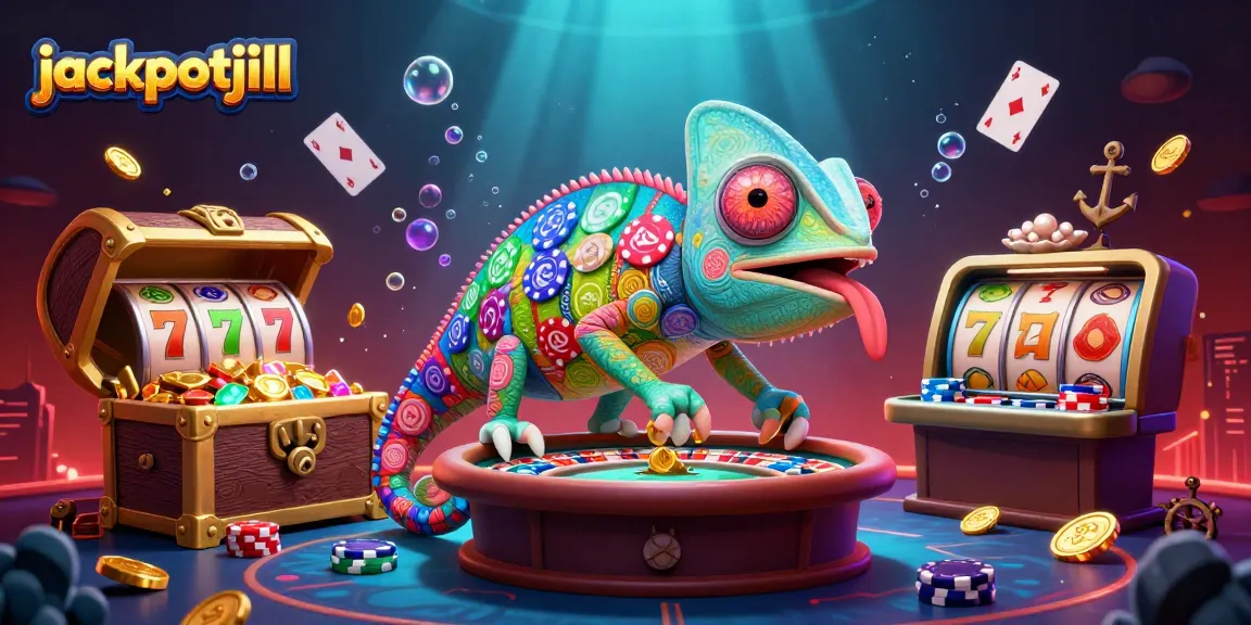 Engage with jackpotjill's vibrant casino world, featuring colorful slot reels and a lively chameleon owner.