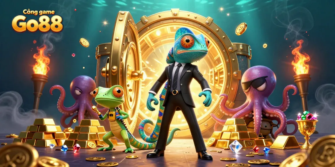 Cổng game Go88 offers thrilling dynamics with colorful characters and sparkling treasures in this casino illustration.