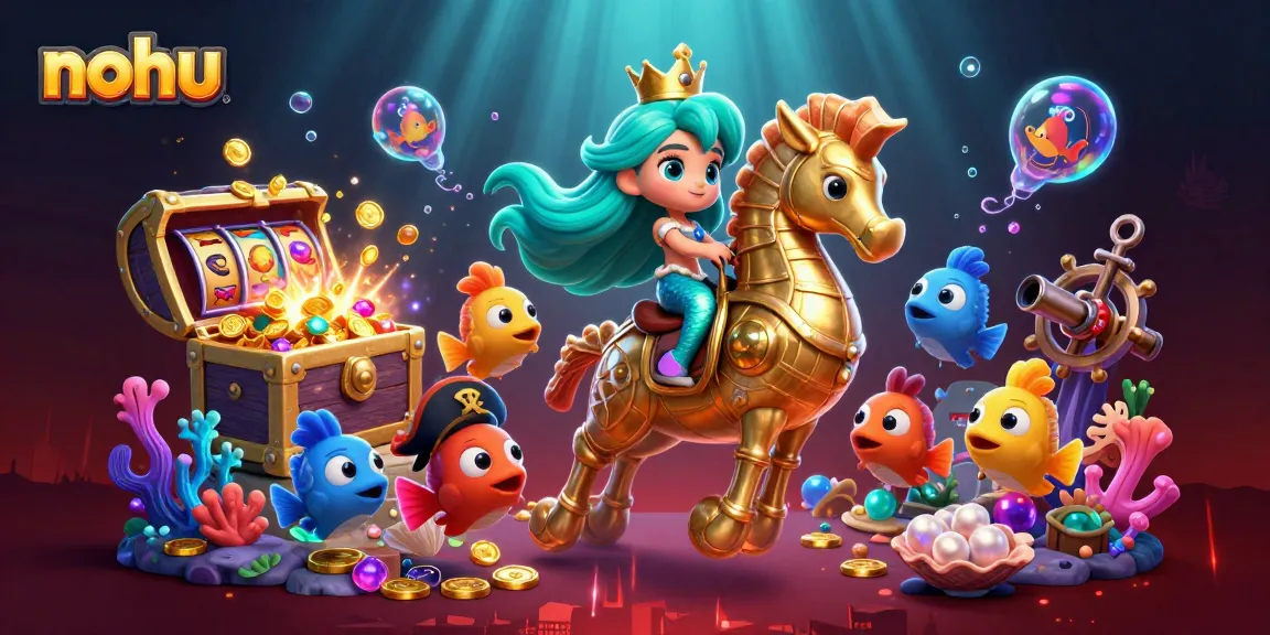 Nohu players engage in fun slot games, surrounded by underwater treasures and vibrant seafood characters.
