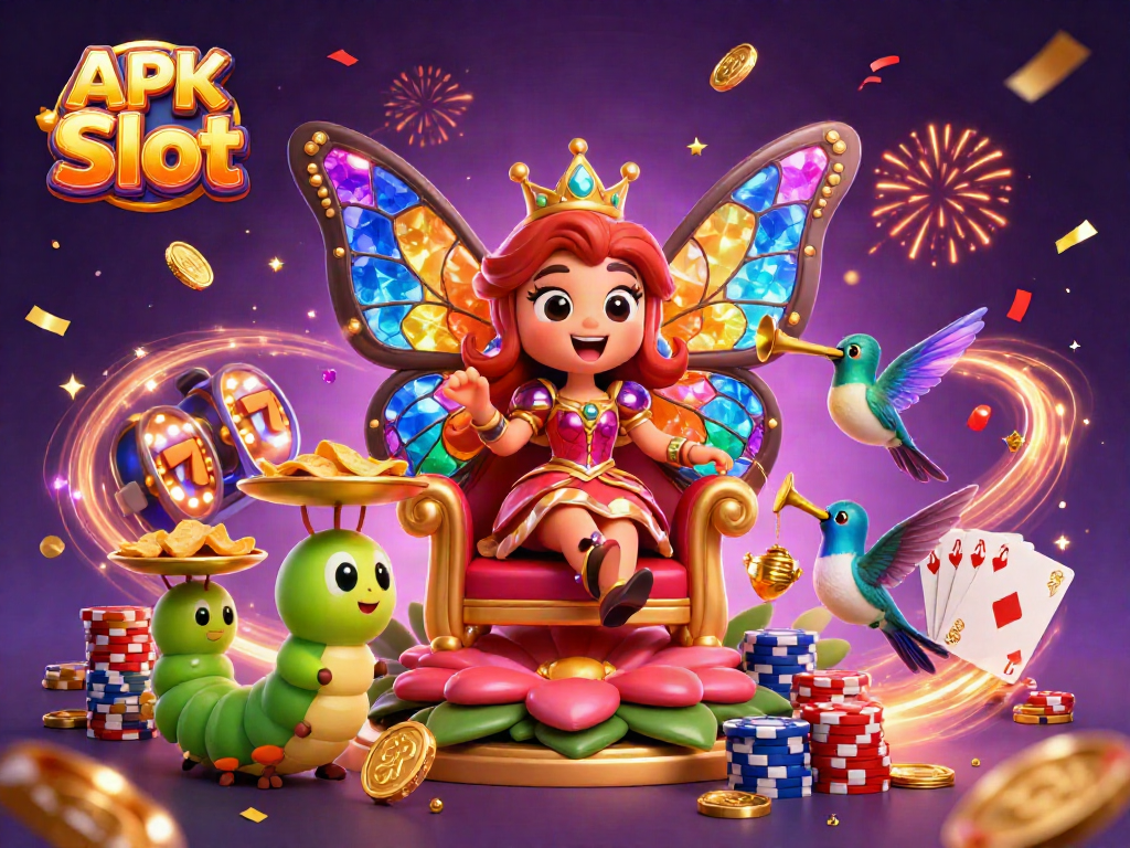 Engage with APK Slot's vibrant casino world, featuring slot reels, chips, and festive elements.