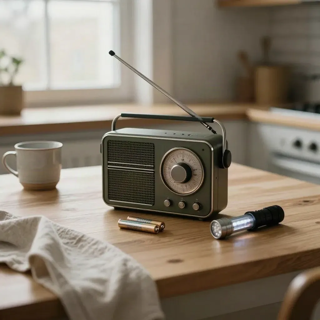 Batteriradio med vev, extra batterier och ficklampa på ett ljust köksbord under strömavbrott.