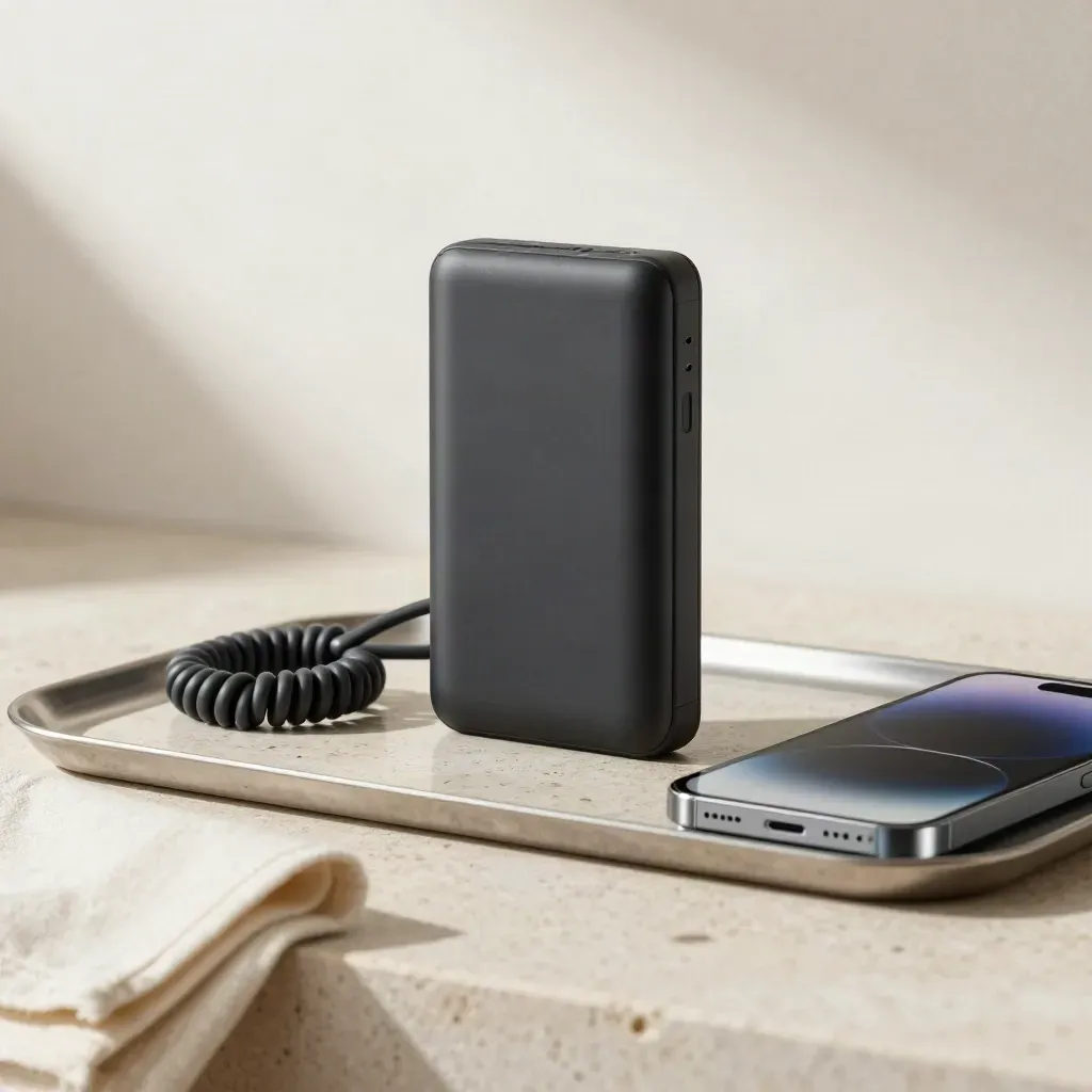 Svart powerbank med kabel och mobil på ljus travertin, mjuk studiobelysning.