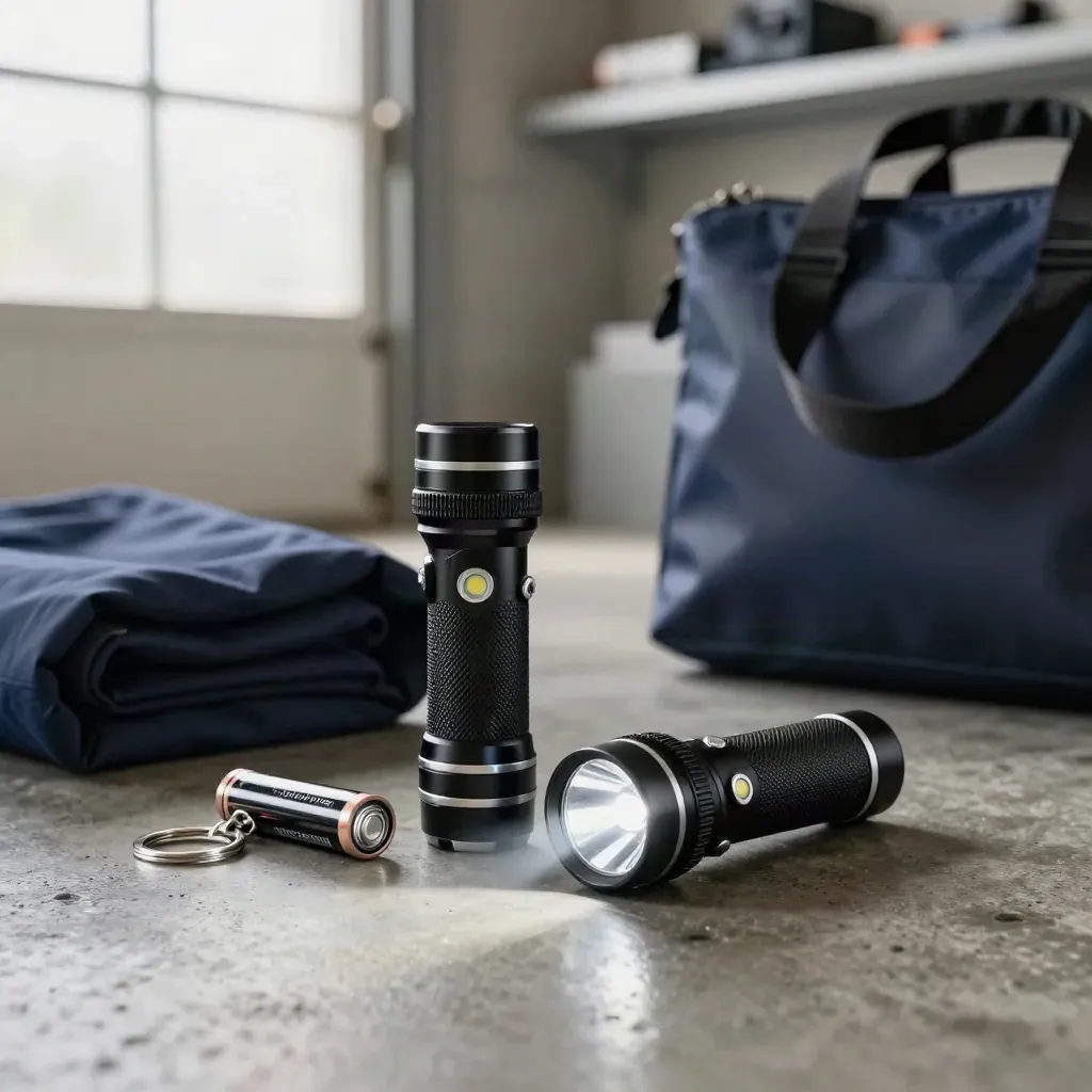 Två LED-ficklampor lyser på ett fuktigt garagegolv med batterier och reflexnyckelring.