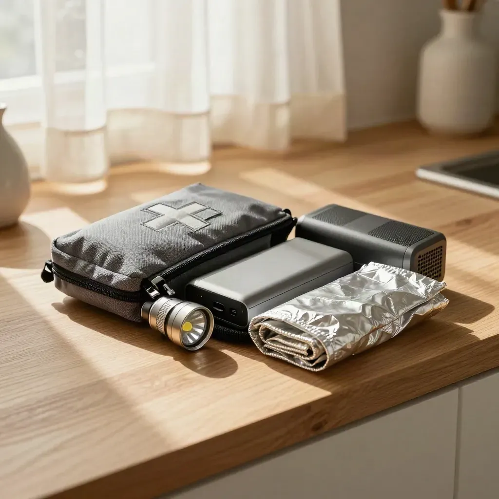 Solvarm ekbänk med beredskapskit, ficklampa, powerbank, filt och radio i morgonljus