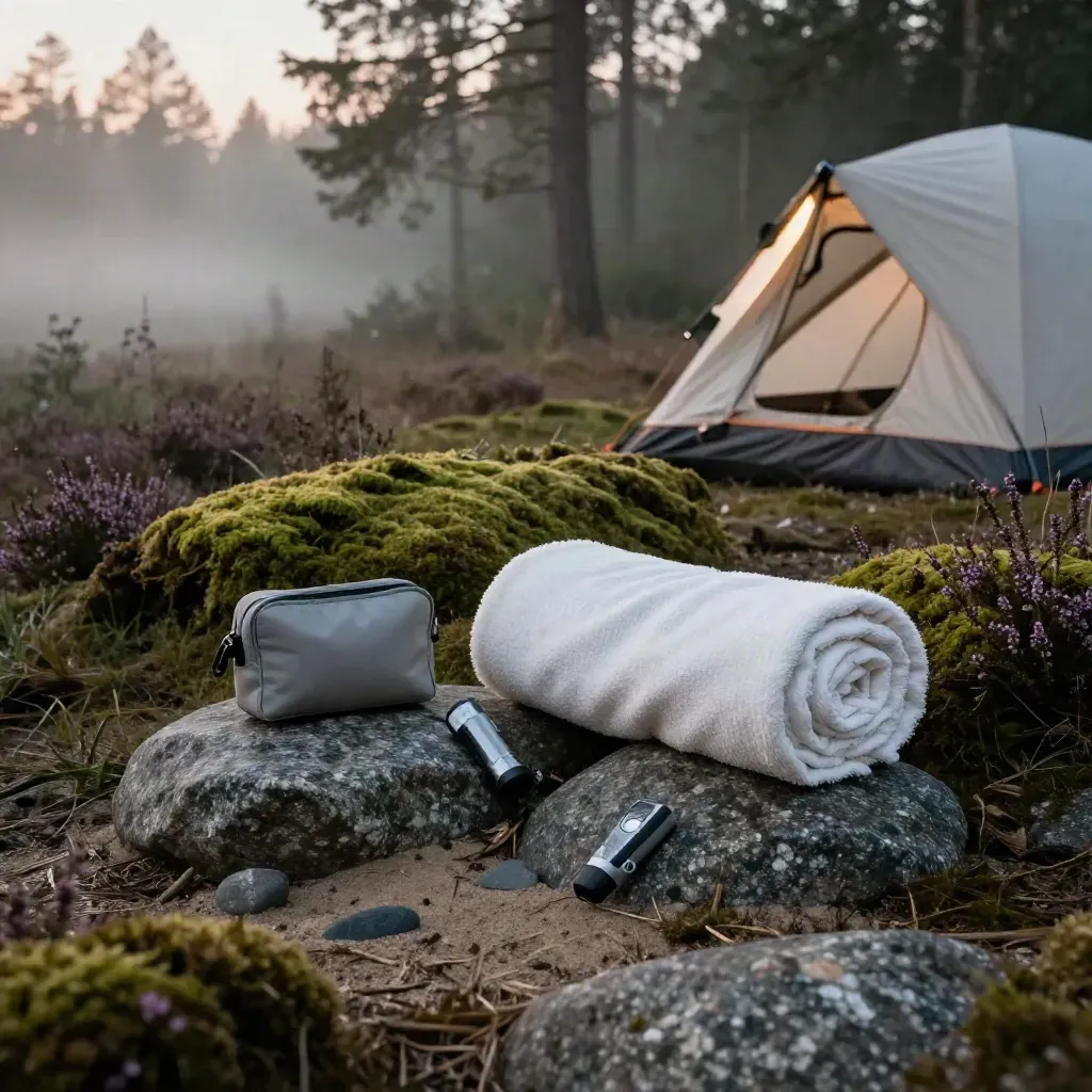 Mossig skogskant med tältduk, nödfilt och ficklampa i kvällsdimma