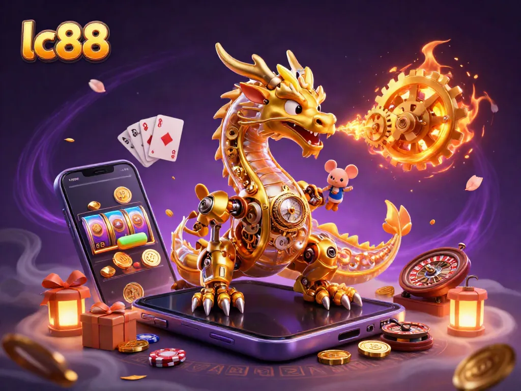 Experience the thrill of lc88 with a dynamic golden dragon and engaging casino elements in this immersive illustration.