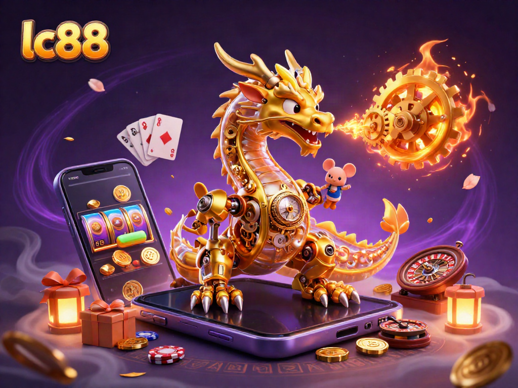 Experience the thrill of lc88 with a dynamic golden dragon and engaging casino elements in this immersive illustration.