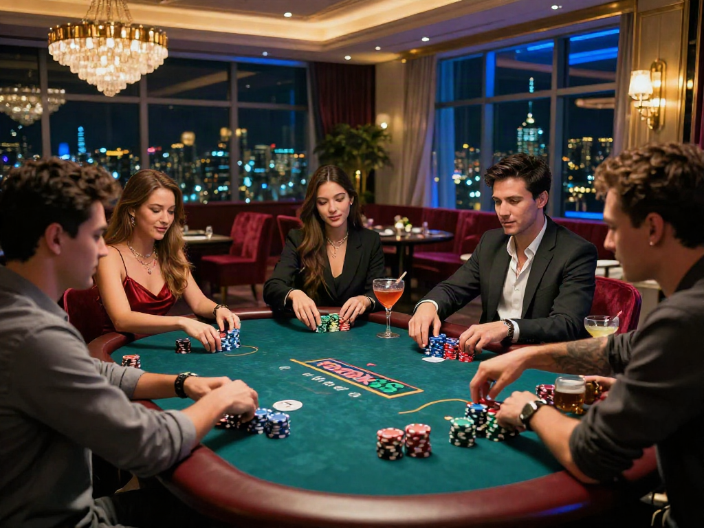 Friends enjoying a game of rokok88 at a stylish casino table, vibrant atmosphere.