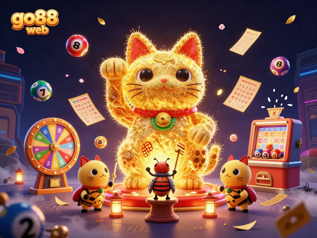 Engage with the go88 web and explore vibrant casino fun through a whimsical golden lucky cat illustration.