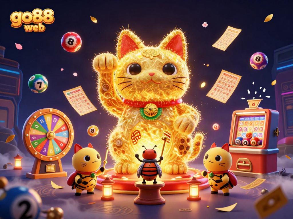 Engage with the go88 web and explore vibrant casino fun through a whimsical golden lucky cat illustration.