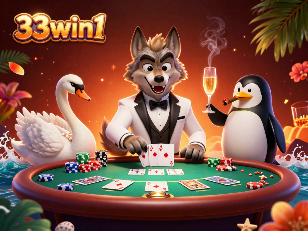 Experience exciting gaming with 33win1, showcasing a debonair wolf, swan dealer, and penguin sommelier.