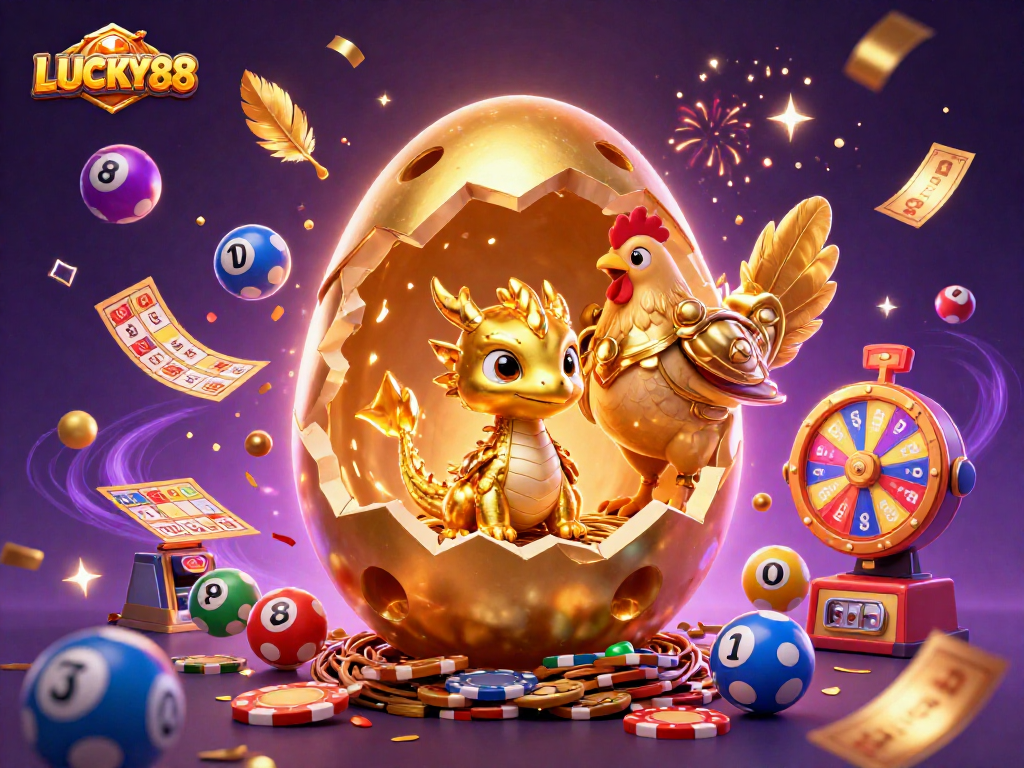 LUCKY88 showcases a winning celebration with a golden dragon and poker chips, enhancing your betting excitement.