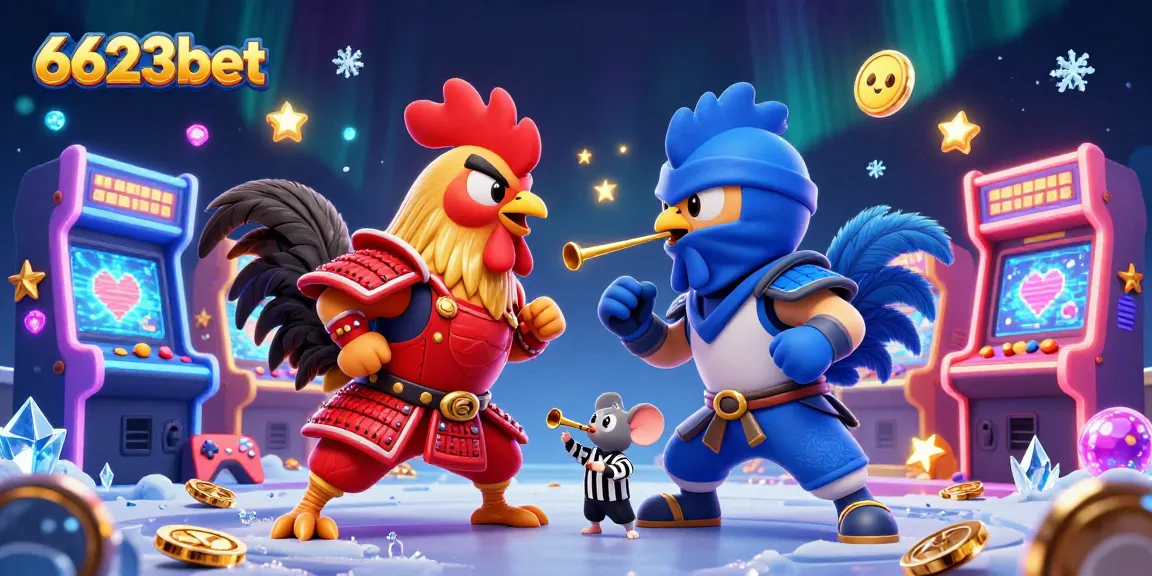 Experience the dynamic standoff of 6623bet's fighting roosters in a vibrant casino-themed illustration.