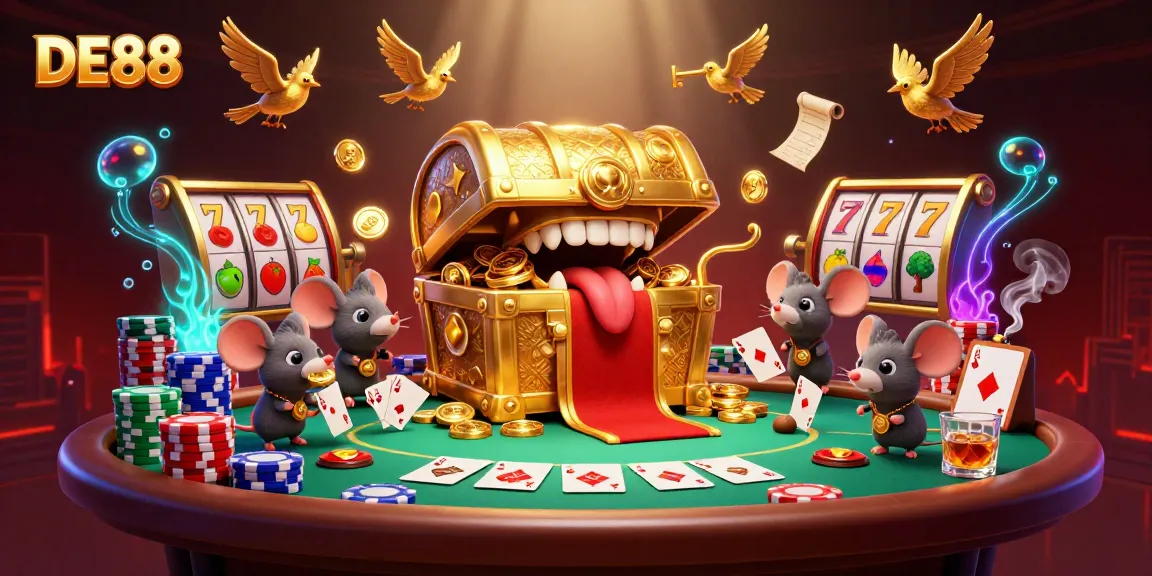 Witness the DE88 treasure chest lure adventurer mice with riches and gaming excitement in this vibrant casino illustration.