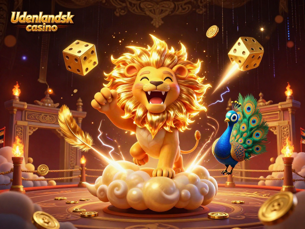 Win at udenlandsk casino with a dynamic illustration of a roaring sun lion and golden dice.