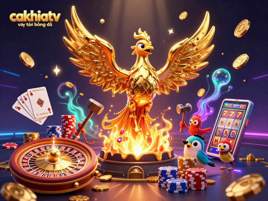 Experience the thrill of cakhiatv trực tiếp bóng đá with this vibrant 3D illustration showcasing dynamic casino elements.