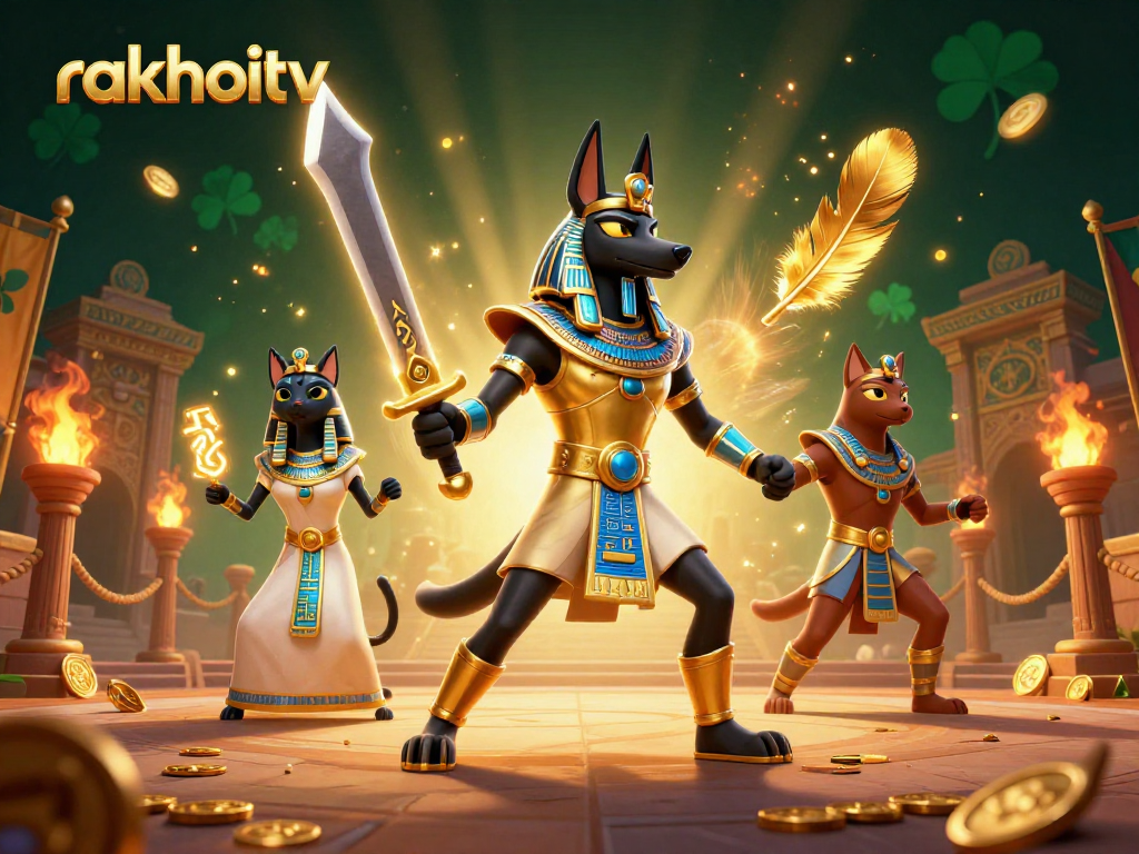 Experience the thrilling atmosphere of rakhoitv with a dynamic 3D illustration of Anubis, Bastet, and immersive casino elements.