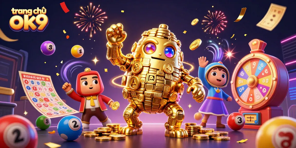 Engage with the exciting world of trang chủ ok9 through this vibrant casino illustration featuring a golden golem and dynamic lottery elements.