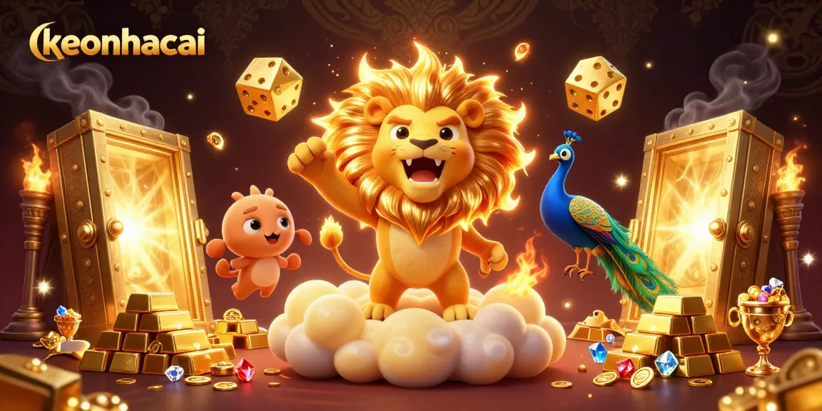 Experience keonhacai with a vibrant scene of golden treasure, roaring lion, and dynamic dice.