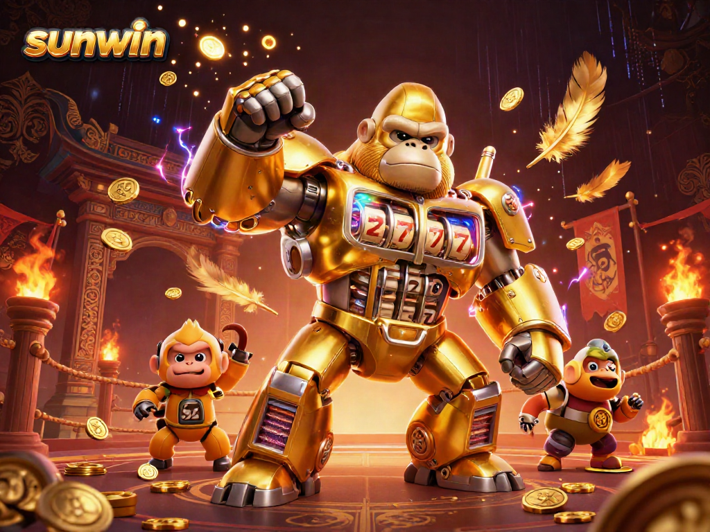 Experience thrilling gameplay with sunwin's golden mech and dynamic casino elements in this vibrant illustration.